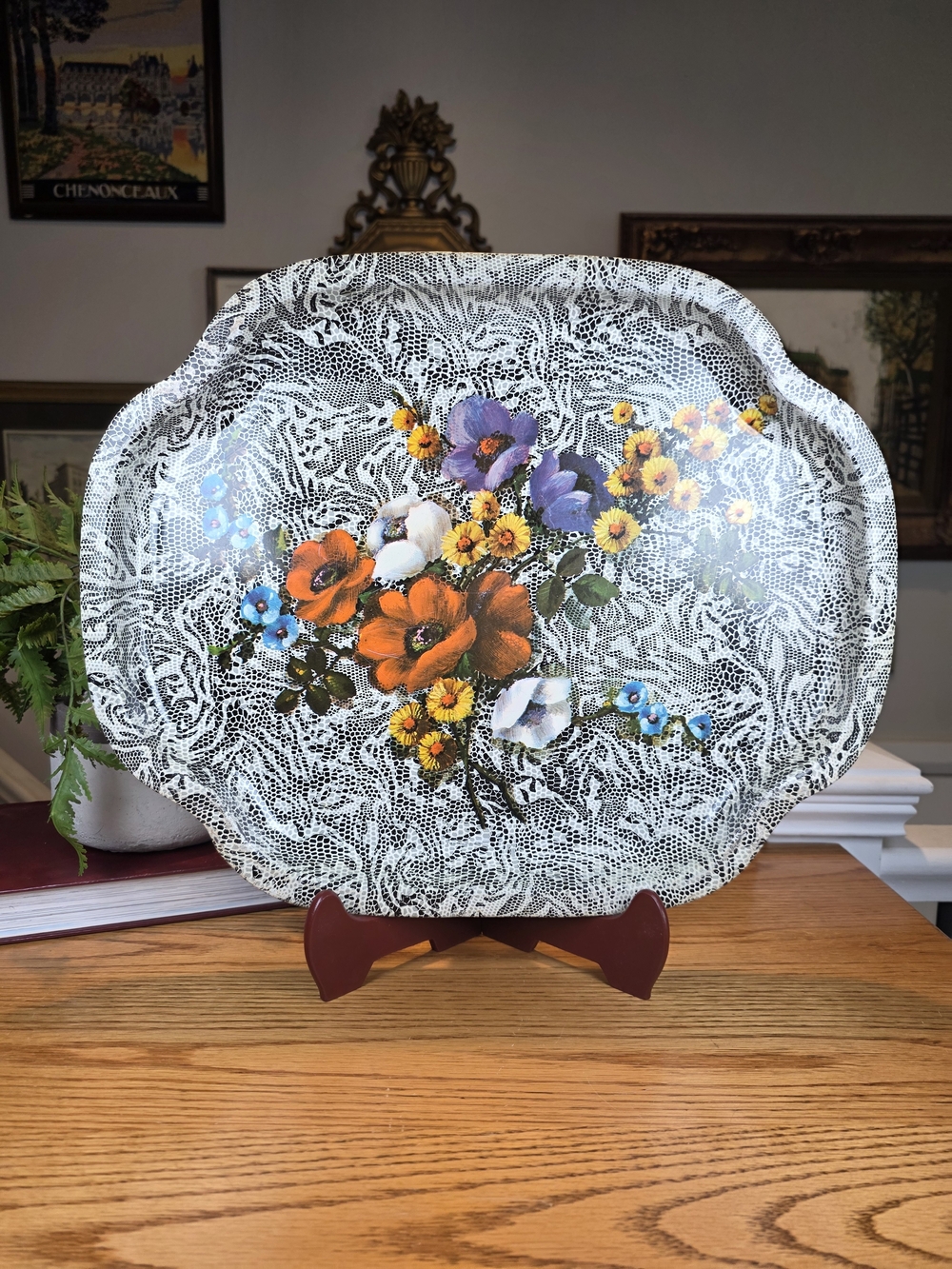 ​Vintage Elite Tray Made in England MCM Floral & Lace Tin Litho Serving Tray
